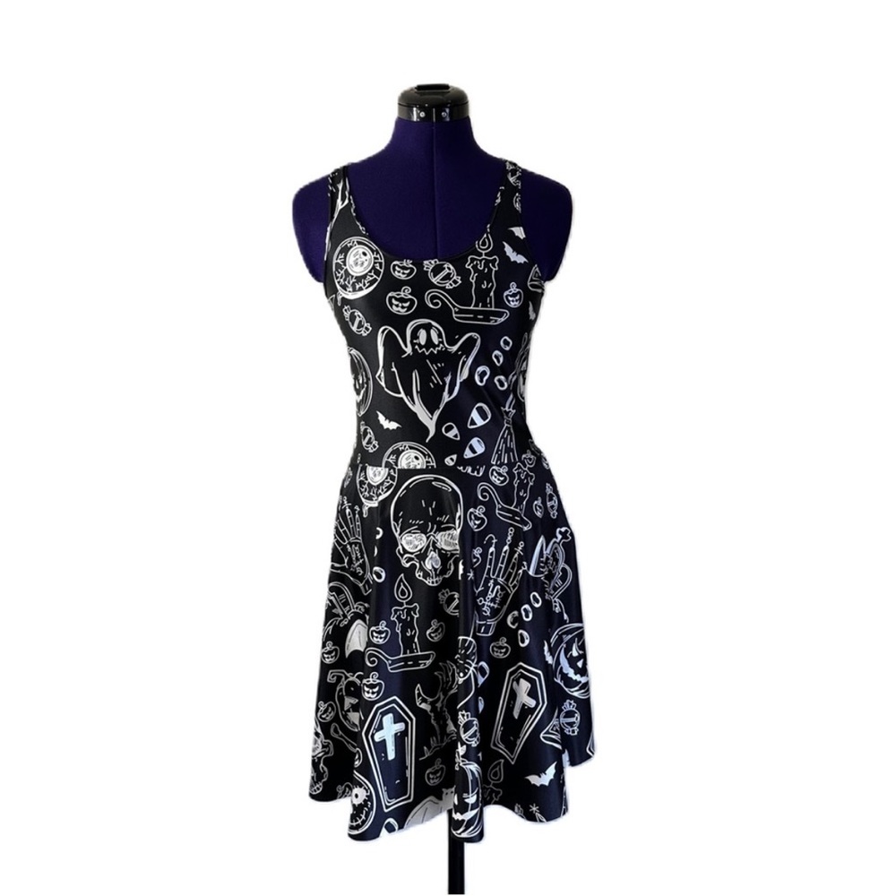 Black White Gothic Ghost Pumpkin Coffin Witchy Halloween Dress